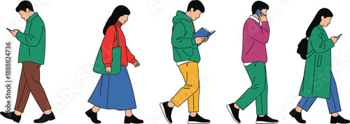 Urban walking people illustration set featuring diverse characters using smartphones reading book talking on phone and commuting in casual modern outfits