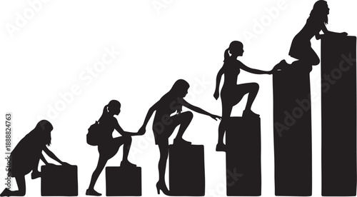 Silhouette of people helping each other climb blocks upwards