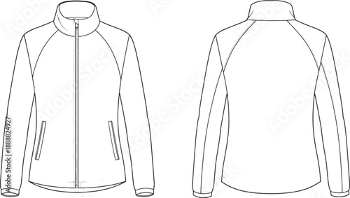 Zip jacket technical line illustration showing front and back views with stand collar raglan sleeves zipper pockets and modern outerwear construction details