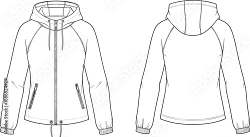 Women hooded jacket technical line illustration showing front and back views with zipper pockets drawstrings fitted shape and modern casual outerwear details