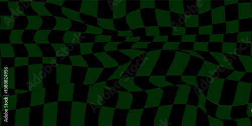 Green And Black Trippy checkerboard background. Retro psychedelic checkered wallpaper. Wavy groovy chessboard surface. Distorted geometric pattern.