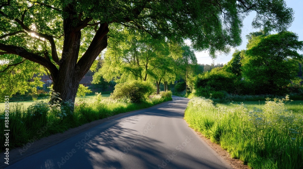 Obraz premium Serene Country Road Surrounded by Lush Green Trees and Nature