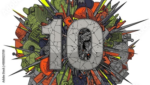 Large Gray Number Ten Comic Style.