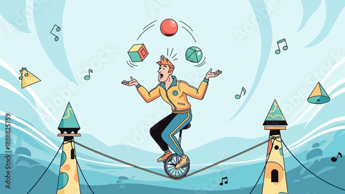Man Balancing on Unicycle with Juggling Balls.