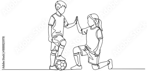 Kids Playing Soccer Line Art: High-Five Gesture, Sports Uniforms, Teamwork and Encouragement, Ball Control, Black and White, Minimalist Style, Youth Sports Illustration