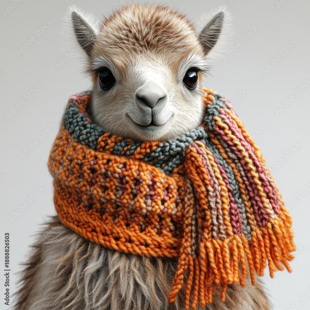 Fototapeta premium A joyful llama models a vibrant knitted scarf in an adorable winter setting
