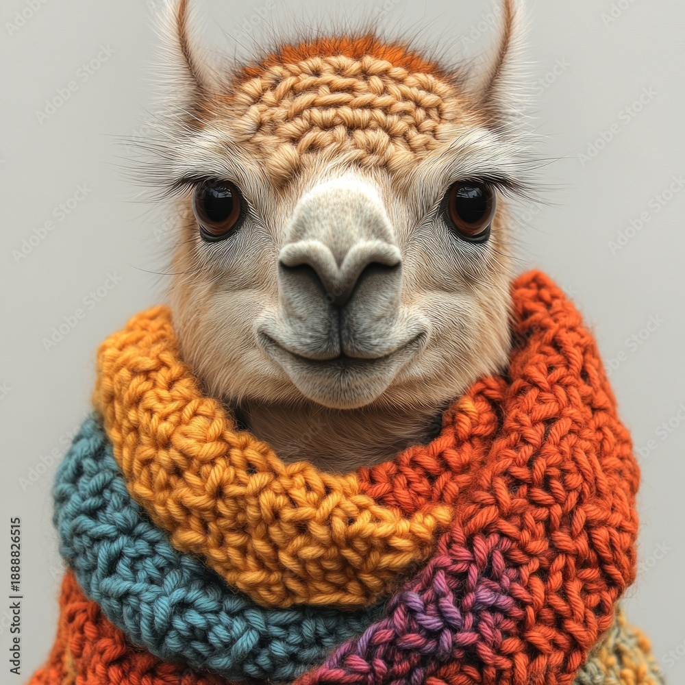 Obraz premium A charming llama exudes cheer while wearing a vibrant crochet scarf in soft light