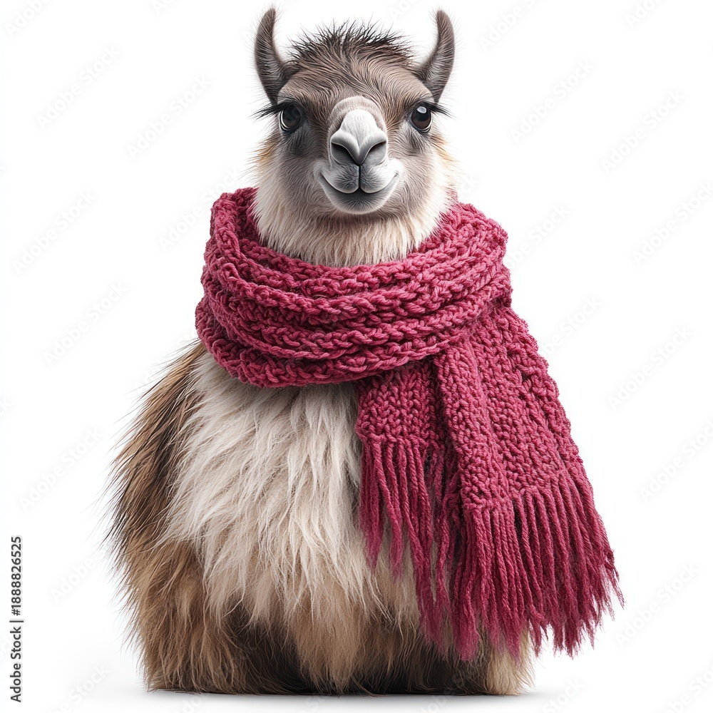 Fototapeta premium A charming llama wears a cozy scarf, exuding warmth and delight