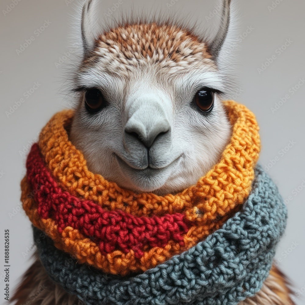 Fototapeta premium Crafted wool adorns this adorable llama, radiating cozy vibes in a cheerful atmosphere