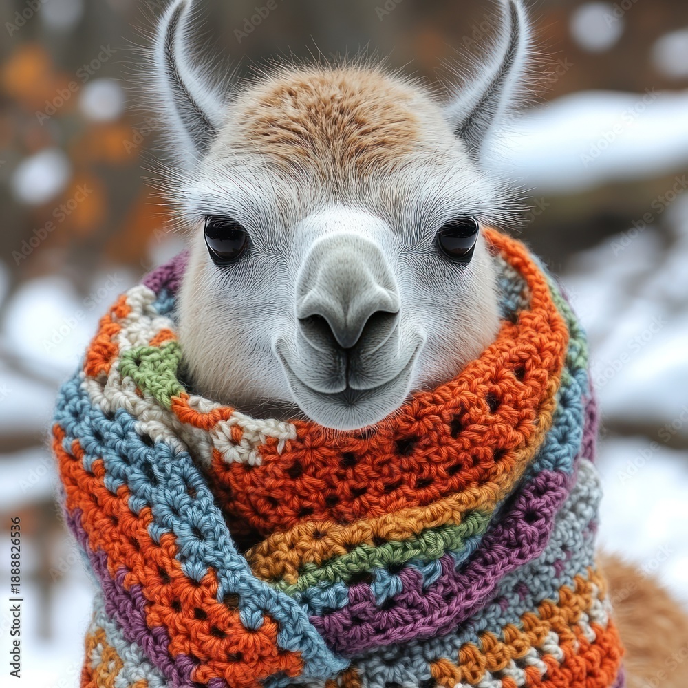Fototapeta premium A cheerful llama wearing a vibrant scarf stands against a serene winter backdrop