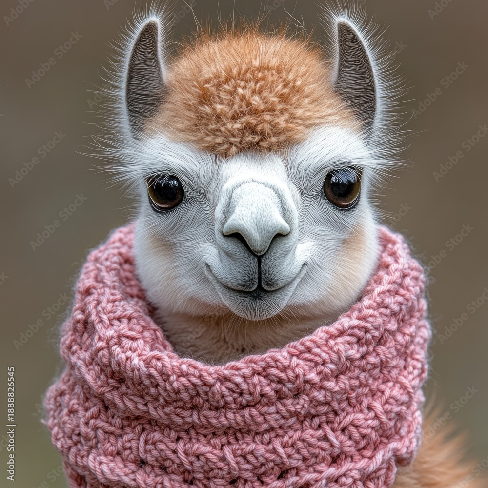 Fototapeta premium A charming llama stands proudly in a soft pink scarf, exuding a delightful presence