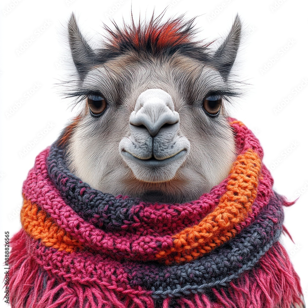 Fototapeta premium A cheerful llama in colorful scarves shows off its charm in a cozy scene