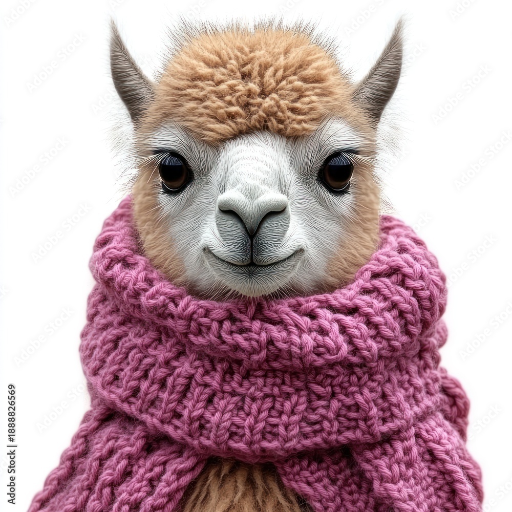 Fototapeta premium A cheerful llama in a bright pink scarf radiates warmth and joy