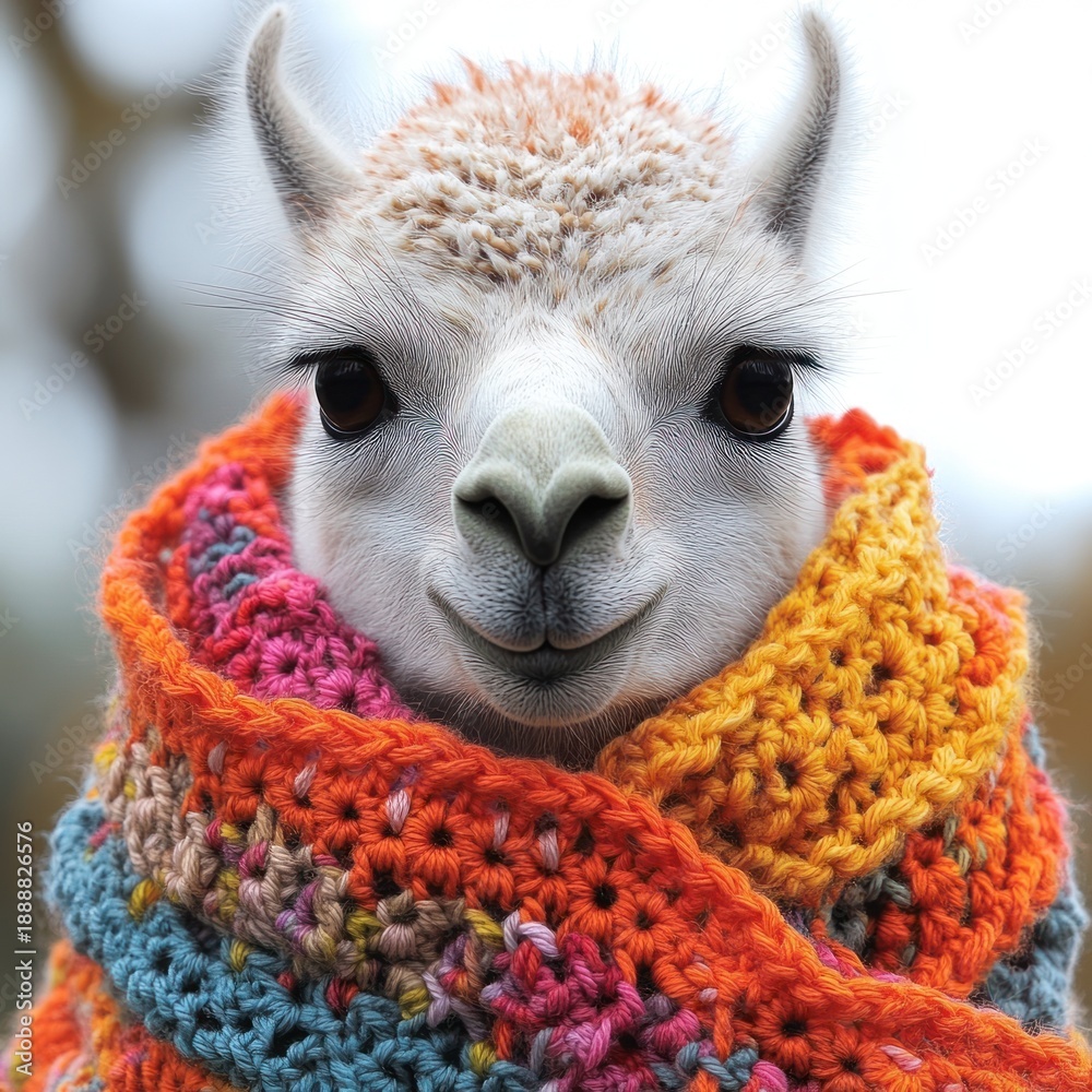 Fototapeta premium A charming llama enjoys a cozy moment wrapped in a vibrant crochet scarf outdoors
