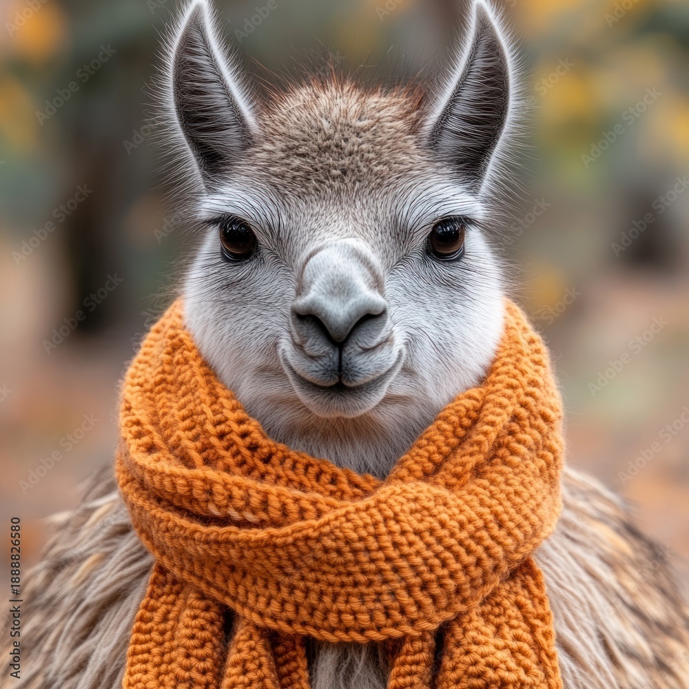 Fototapeta premium A delightful llama is wrapped in a warm orange scarf enjoying the fall colors