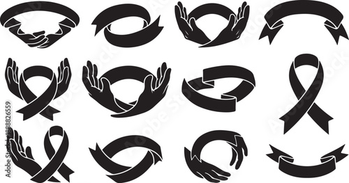 Black ribbon symbols and hands on white background illustration