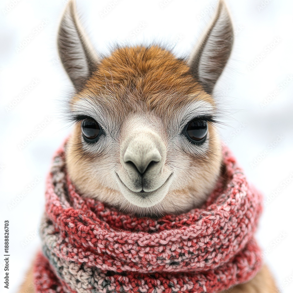 Obraz premium A cheerful young alpaca dons a stylish scarf against a wintry backdrop, brimming with joy