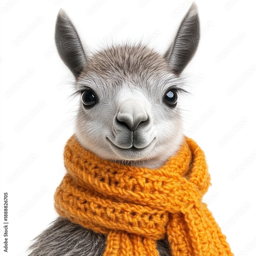Fototapeta premium A cheerful llama wraps itself in a bright orange scarf, bringing smiles to all