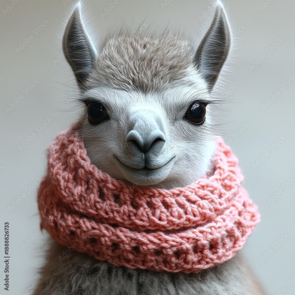 Fototapeta premium A friendly llama showcases its unique character with a soft pink scarf in a warm space