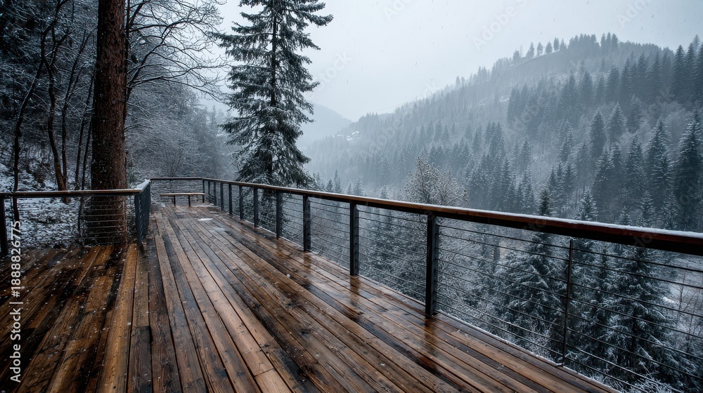 Obraz premium Modern wooden deck with cable railing overlooks a snowy forest landscape. Use for themes of winter escape, architecture, nature, or tranquil design.