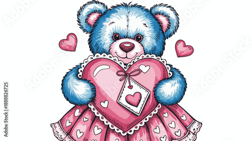 Adorable blue teddy bear in a pink dress holding a large heart pink heart