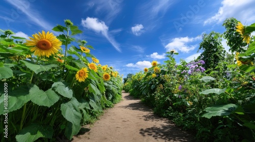 Sunflower Field Pathway Under Blue Sky with Fluffy Clouds