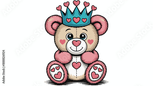 Adorable Teddy Bear Princess Wearing a Crown with Pink Hearts and Blue Eyes tiara
