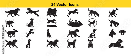collection of twenty four black and white vector icons featuring various dog breeds