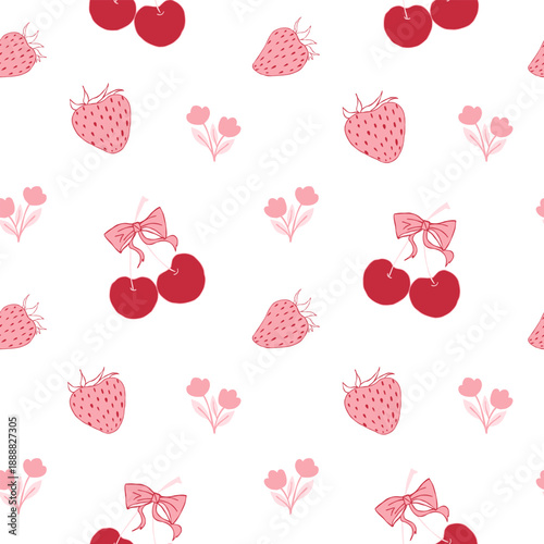 Seamless pattern with cherries, strawberries and flowers. Whimsical festive background in red and pink tones. Vector hand drawn simple illustration for fabric, packaging wrapping paper