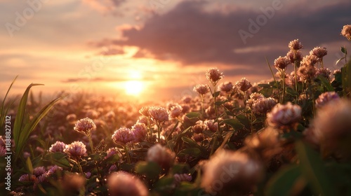 Sunset Over Blooming Pink Clover Field with Dramatic Clouds