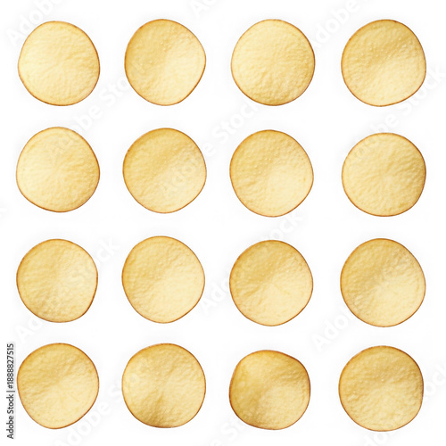 Arrangement of fifteen golden circles with textured surfaces on transparent background