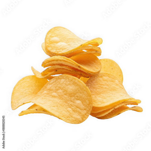 A small pile of golden potato chips with visible texture on transparent background