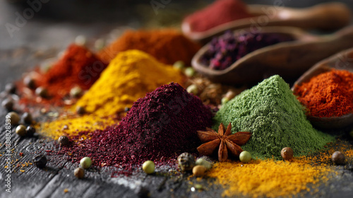 A vibrant assortment of colorful spice powders and whole spices on a wooden surface © Sabana
