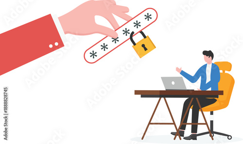 Illegal Data Access Concept with Giant Hand Stealing Password from Professional at Laptop