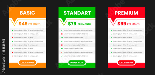 Professional ThreeTier Subscription Pricing Plan Comparison Table with Basic, Standard, and Premium Options featuring Vibrant Pink, Orange, and Green Color Schemes on a Modern Dark Background