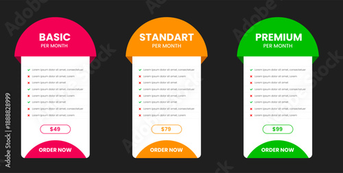 Professional ThreeTier Subscription Pricing Plan Comparison Table with Basic, Standard, and Premium Options featuring Vibrant Pink, Orange, and Green Color Schemes on a Modern Dark Background