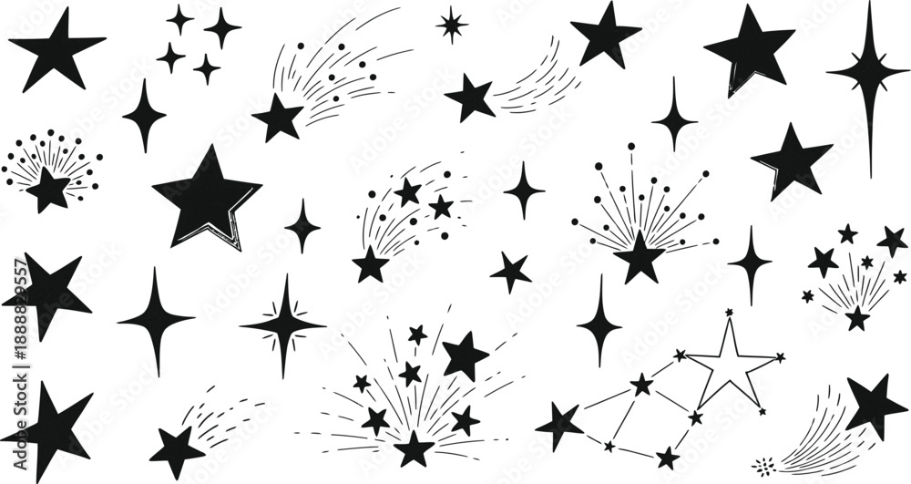 Obraz premium Set of black star icons in various shapes isolated on a white background for festive graphic design projects.