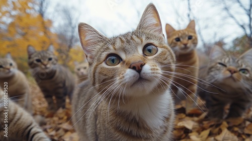 A playful group of cats roams a forest of golden autumn leaves