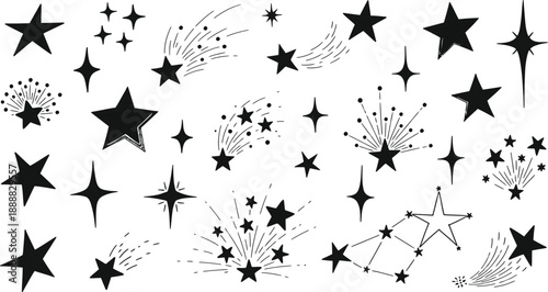 Black Stars and Shooting Stars on White Background