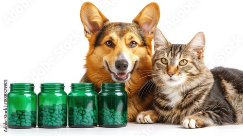 Friendly dog and playful cat pose together next to containers filled with vitamins