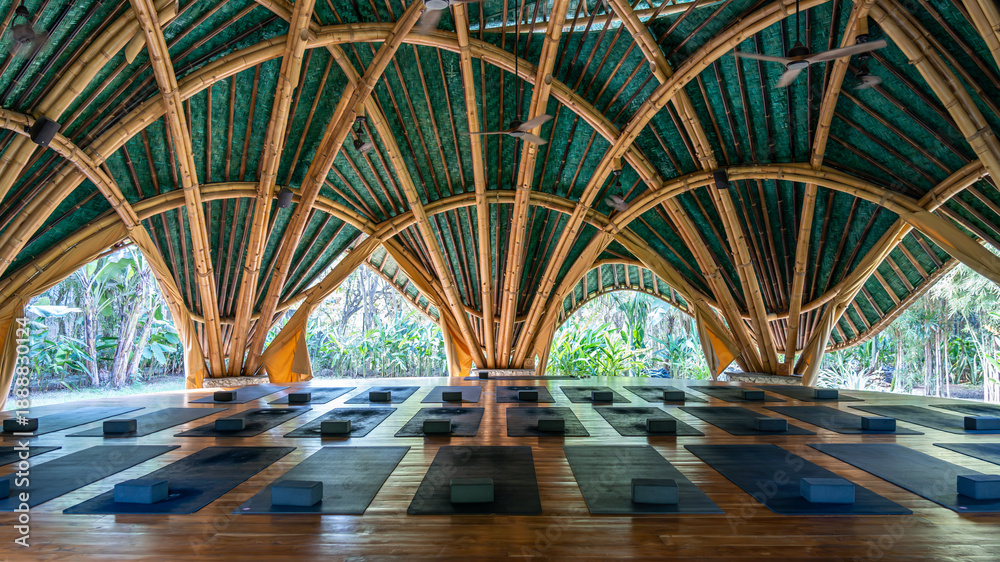 Naklejka premium Bamboo yoga room in a tropical environment