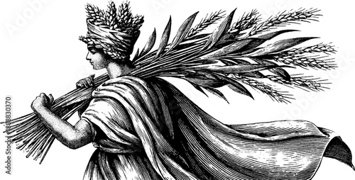 Allegorical figure of agriculture with sheaf in vintage style for design
