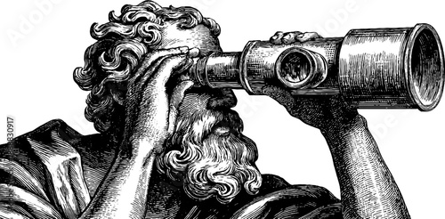 Allegorical figure of exploration with telescope in vintage style for artistic design