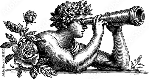 Allegorical figure of exploration with telescope and floral elements – vintage sketch for design