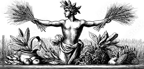 Allegorical harvest figure with wheat sheaves in standing pose - vintage theme for art and design