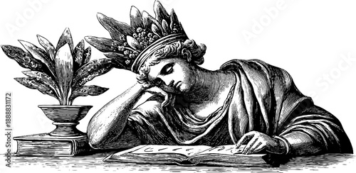 Allegorical figure embodying learning and reading in vintage style engraving