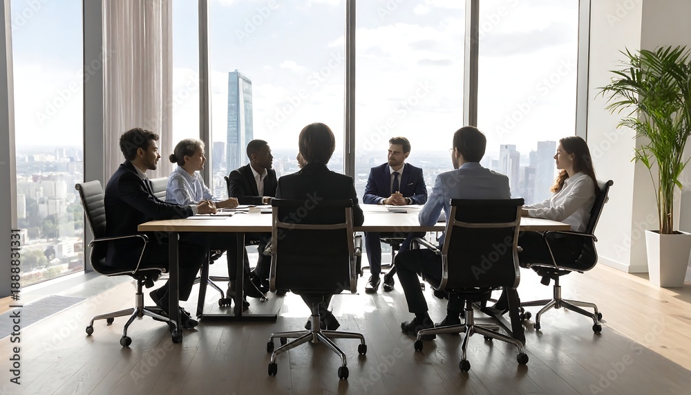 Obraz premium Business executives seated around table discussing strategy in modern conference room setting