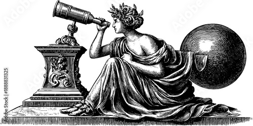 Allegorical representation of observation with seated figure and telescope