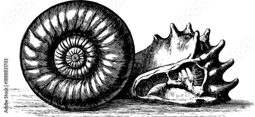 Vintage botanical engraving of ammonite fossil spiral shell for historical study