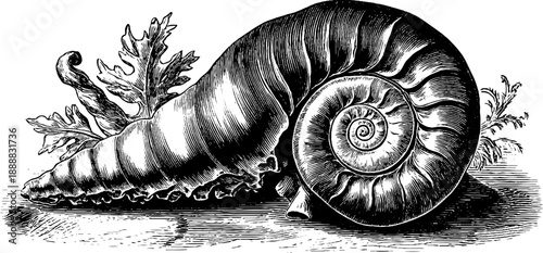 Ammonite fossil spiral shell botanical engraving from the 19th century